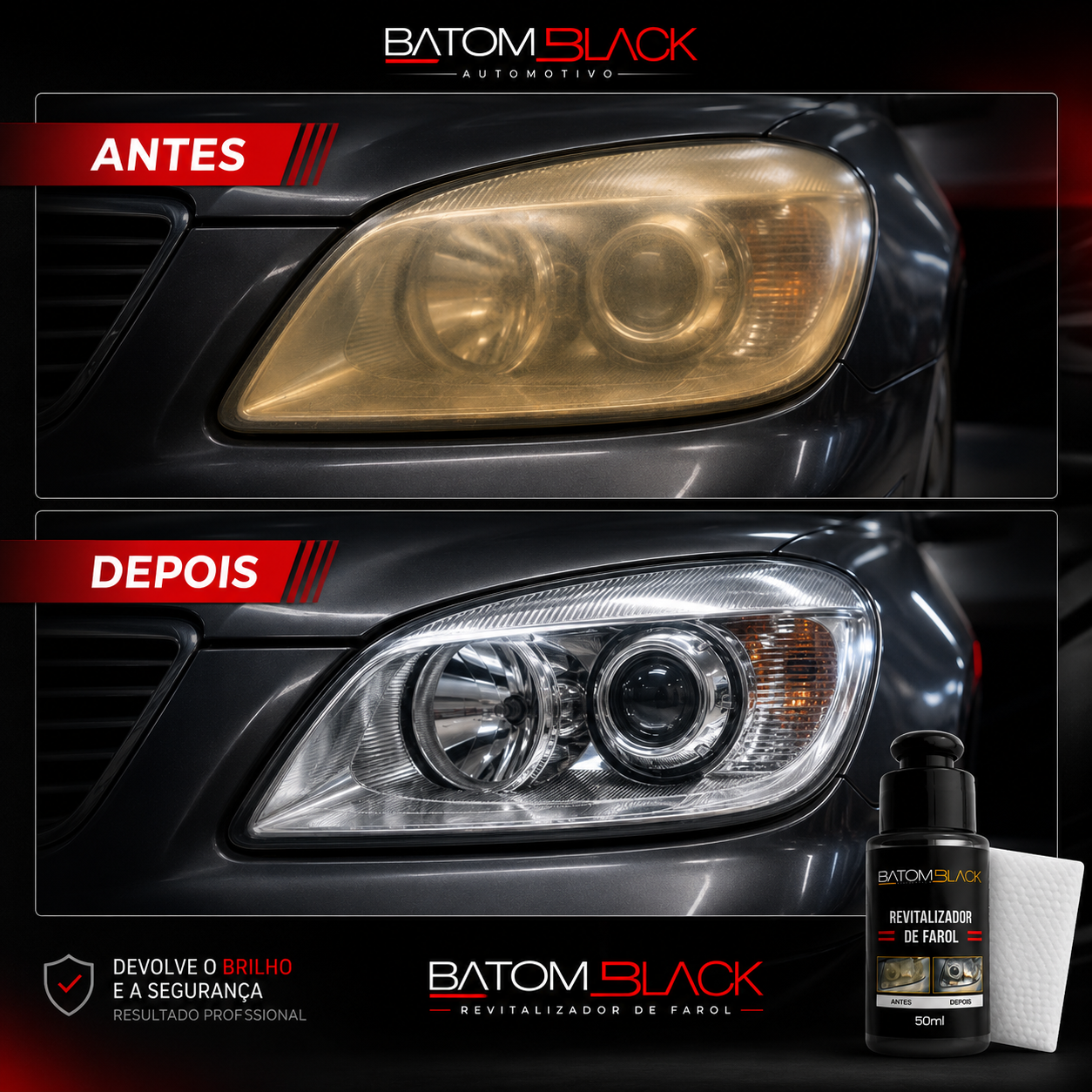 Comparativo antes e depois: farol amarelado e farol transparente após o Batom Black