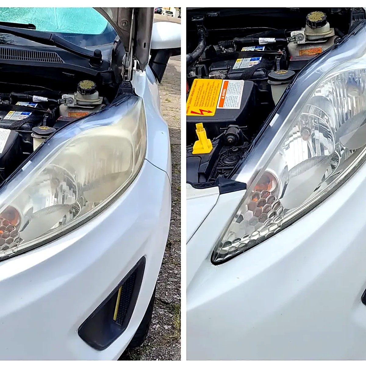 Farol amarelado antes e transparente depois da aplicação
